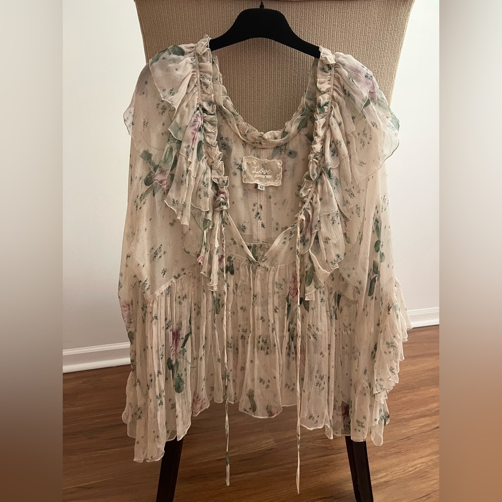 Johnny Was Cream Floral Ruffled Chiffon Blouse